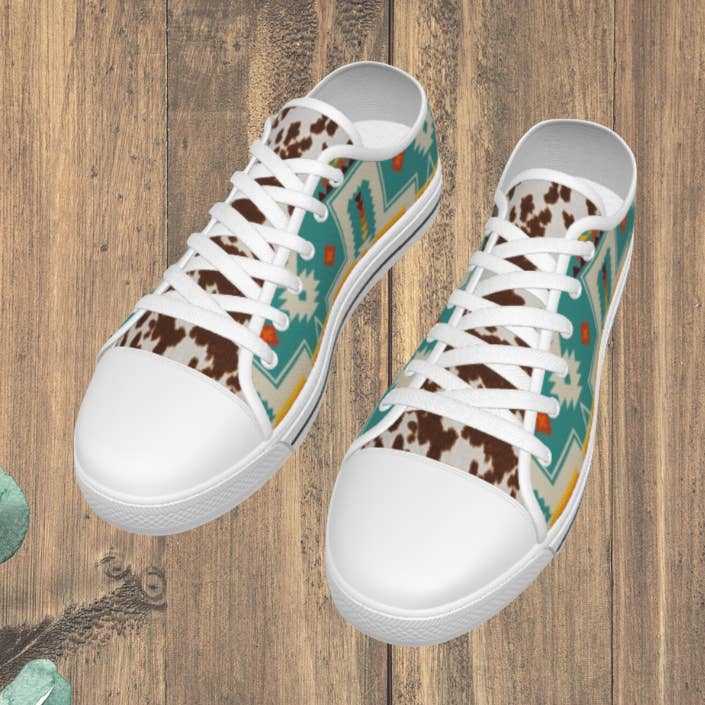 Turquoise Aztec & Cowprint Canvas Shoes for wholesale by The Sassy Heifer
