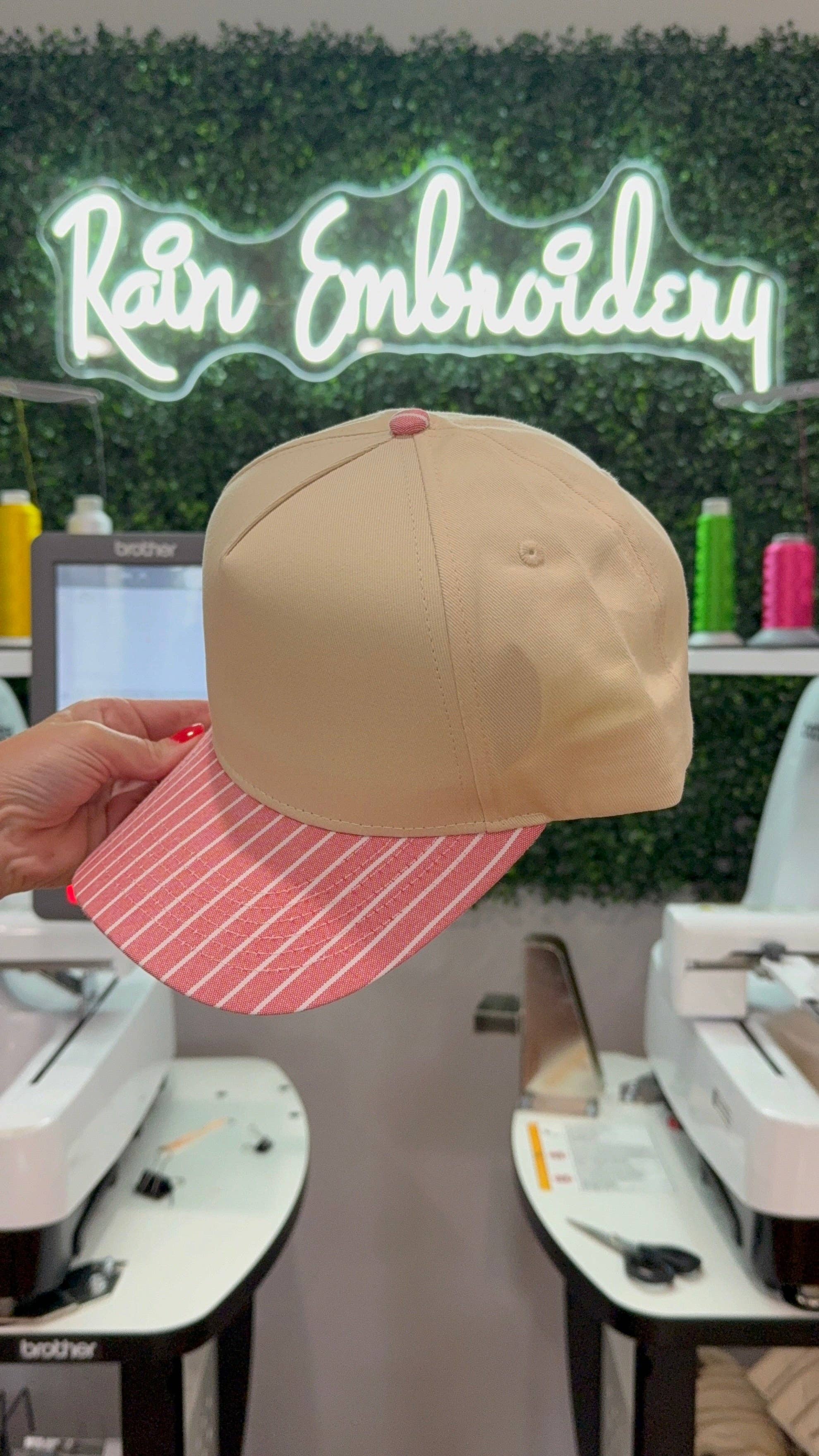 Rain Embroidery - Wholesale Trucker Hat - Women's - Pink Striped Bill (blank) Trucker Hat5