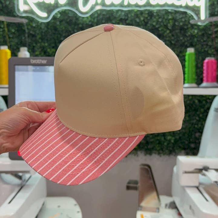 Rain Embroidery - Wholesale Trucker Hat - Women's - Pink Striped Bill (blank) Trucker Hat5