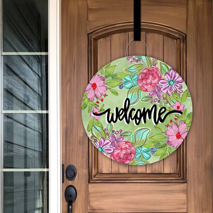 Baxter & Me - Wholesale Door Hanger - Welcome Pretty Pink & Purple Floral Door Hanger