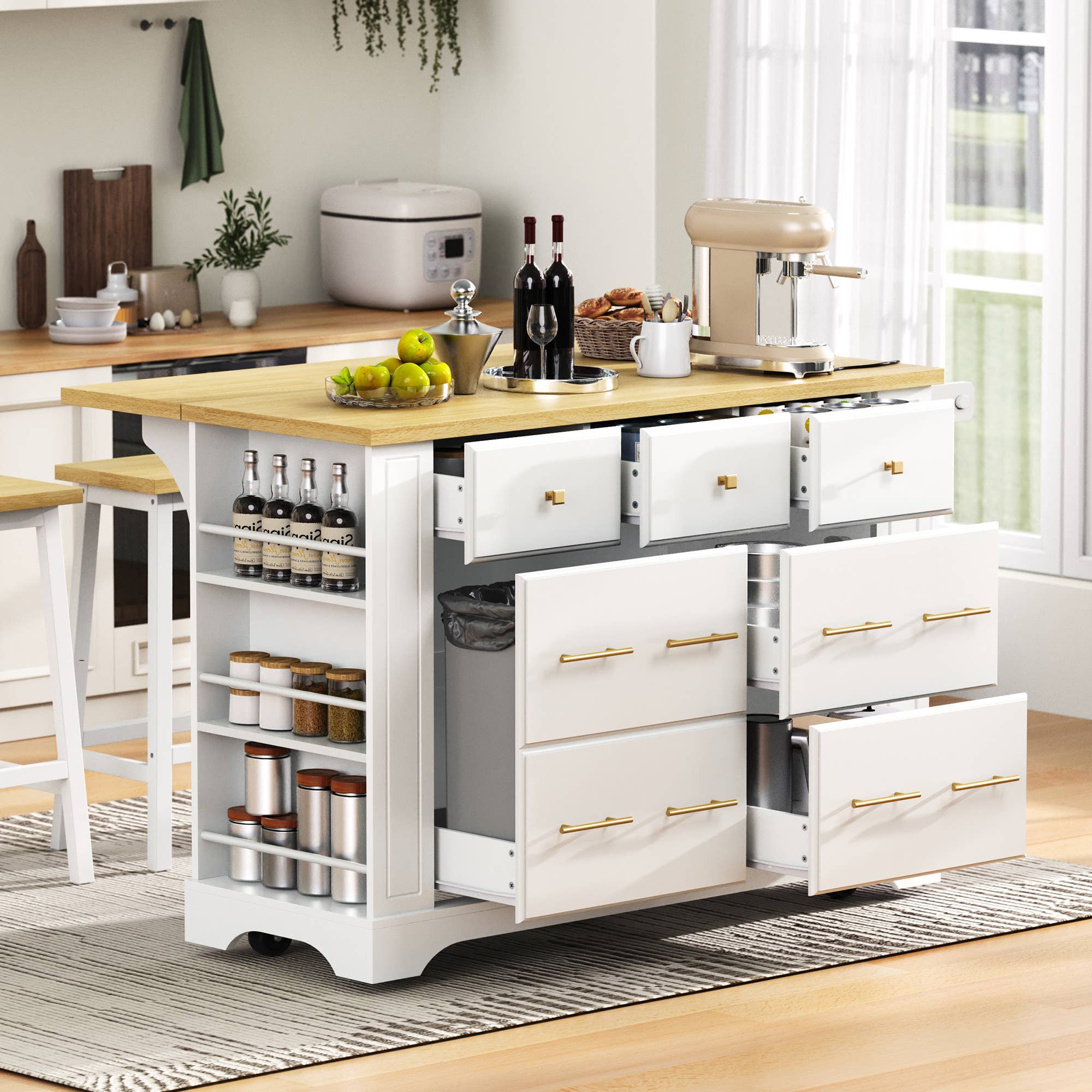 39F Inc. - Wholesale Kitchen Storage/Organizer - 51.2" Farmhouse Kitchen Island with 6 Drawers & Drop Leaf45