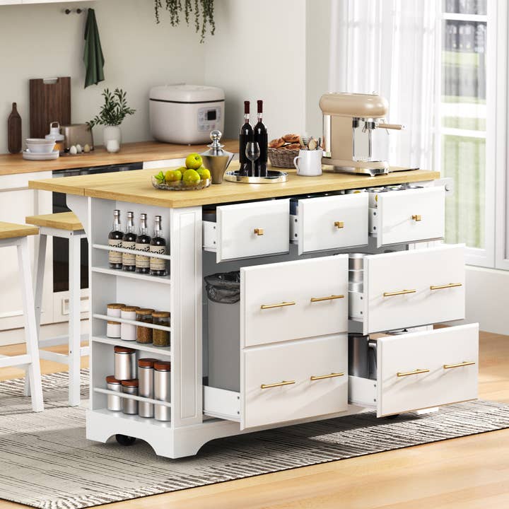 39F Inc. - Wholesale Kitchen Storage/Organizer - 51.2" Farmhouse Kitchen Island with 6 Drawers & Drop Leaf45