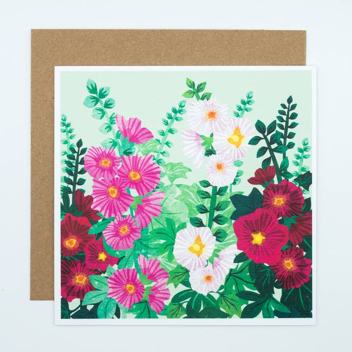 Hollyhocks Floral Greeting Card for wholesale by Astrid Weguelin Illustration