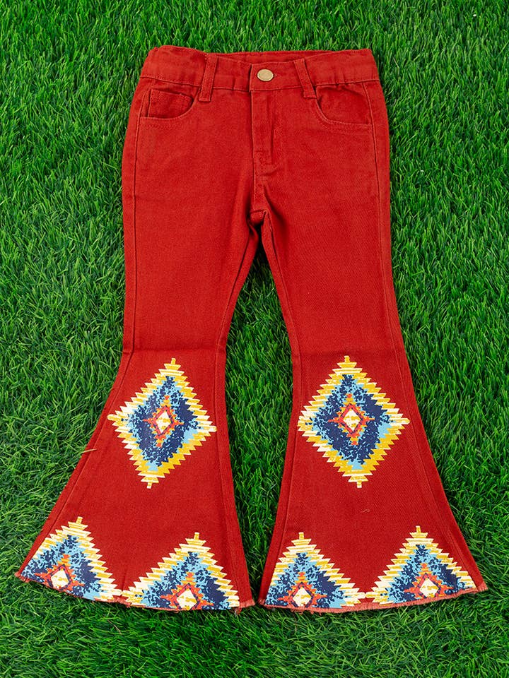 AZTEC ON BURNT ORANGE PRINTED DENIM PANTS. PNG65153060-SOL for wholesale by Kids Charm Online