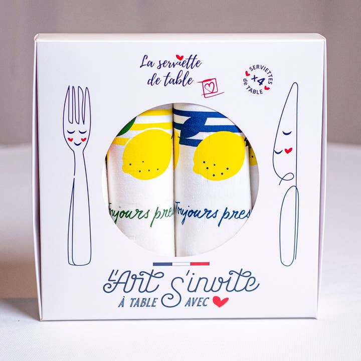 The box of 4 napkins "Toujours pressé.e" for wholesale by LA SERVIETTE DE TABLE