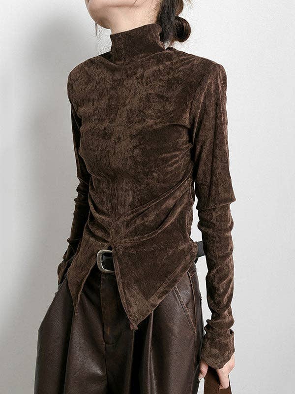 Sheer Trend - Venta al por mayor Blusa - Mujer - Camisetas de cuello alto y bajo de terciopelo de color liso con abertura en la parte delantera7