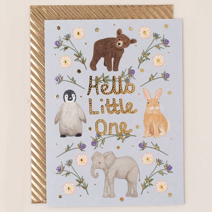 Gold Foiled New Baby Card featuring Animals for wholesale by Apple & Clover