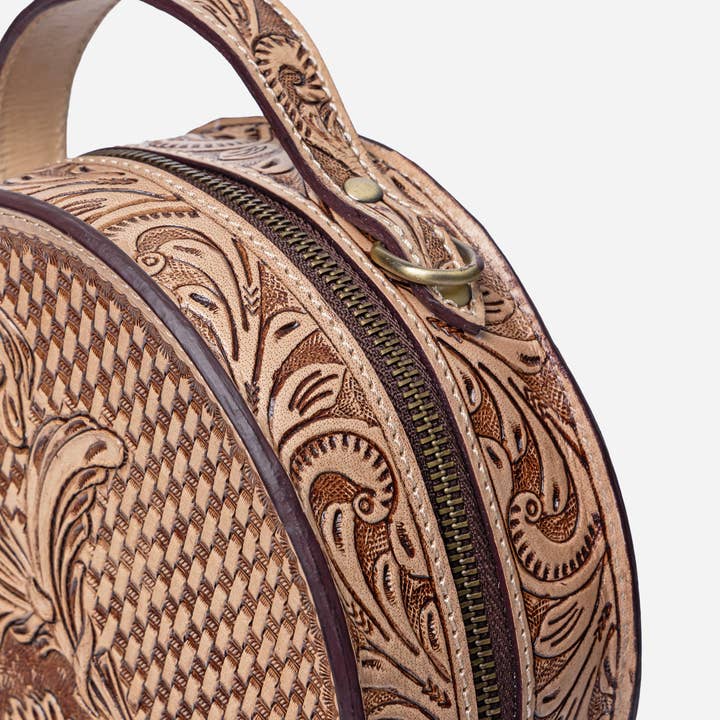 House of Kraft Jewelry & Accessories - Wholesale Top Handle Bag - Women's - Woven Petals Design | Brown Leather Bag | Round Bag5