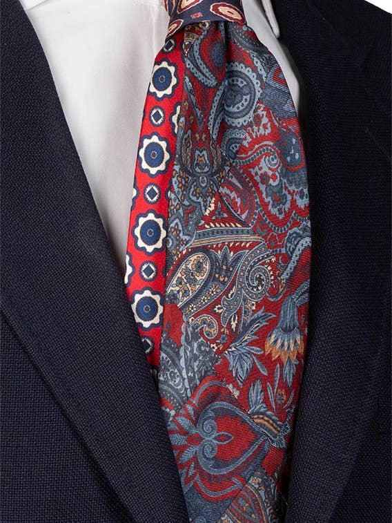 Patchwork-Mosaik-Krawatte aus Seidendruck Bordeaux Blau Avio Beige PM278 für den Großhandel von Graffeo Cravatte