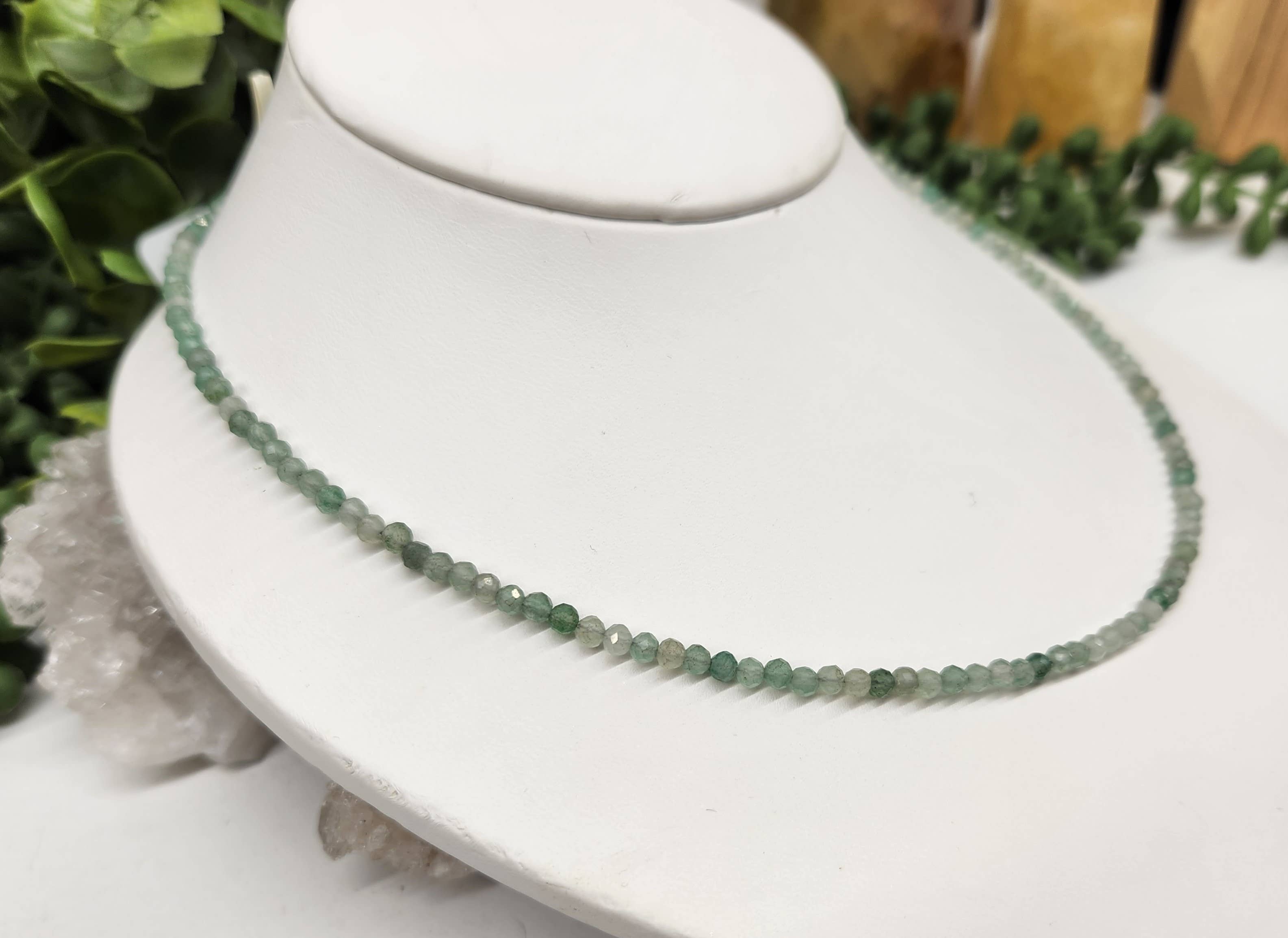 Meraki Gemstones - Wholesale Beaded/Pearl Necklace - Green Aventurine Faceted Necklace w/Silver Color Findings3mm4