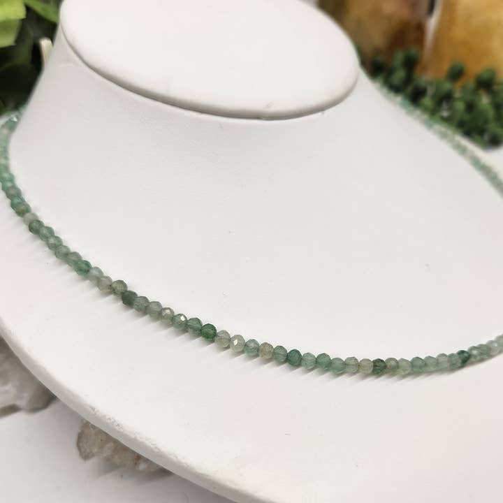 Meraki Gemstones - Wholesale Beaded/Pearl Necklace - Green Aventurine Faceted Necklace w/Silver Color Findings3mm4