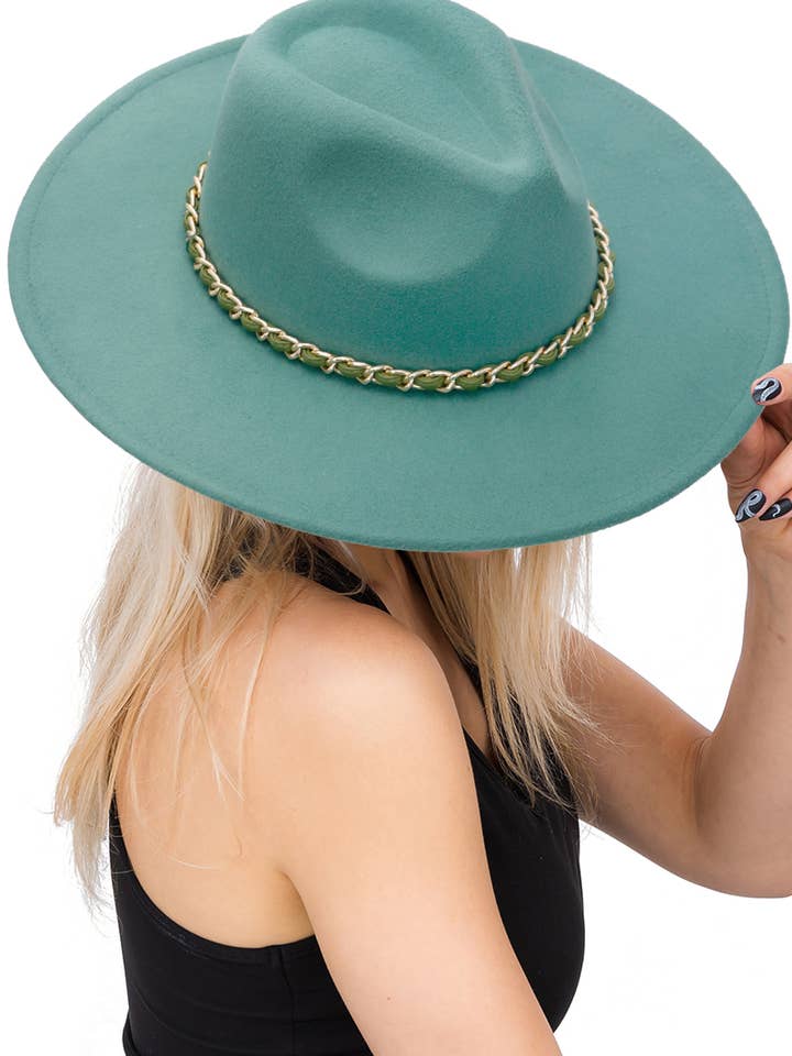Vegan Leather Wrap Gold Cuban Link Chain Felt Rancher Hat for wholesale by Cap Zone
