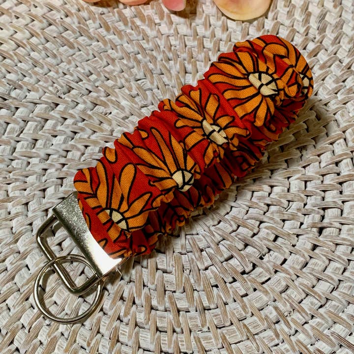 Handmade Scrunchie Key Fob - Boho Retro - Orange Peace Sign Flowers for wholesale by Ann Gregory Designs