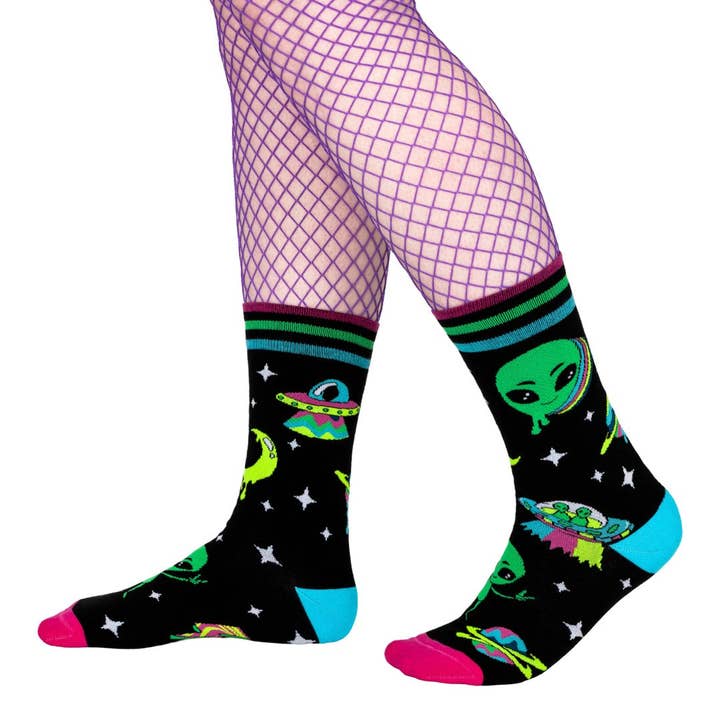 Spaced Out Alien Crew Socks for wholesale by FootClothes LLC