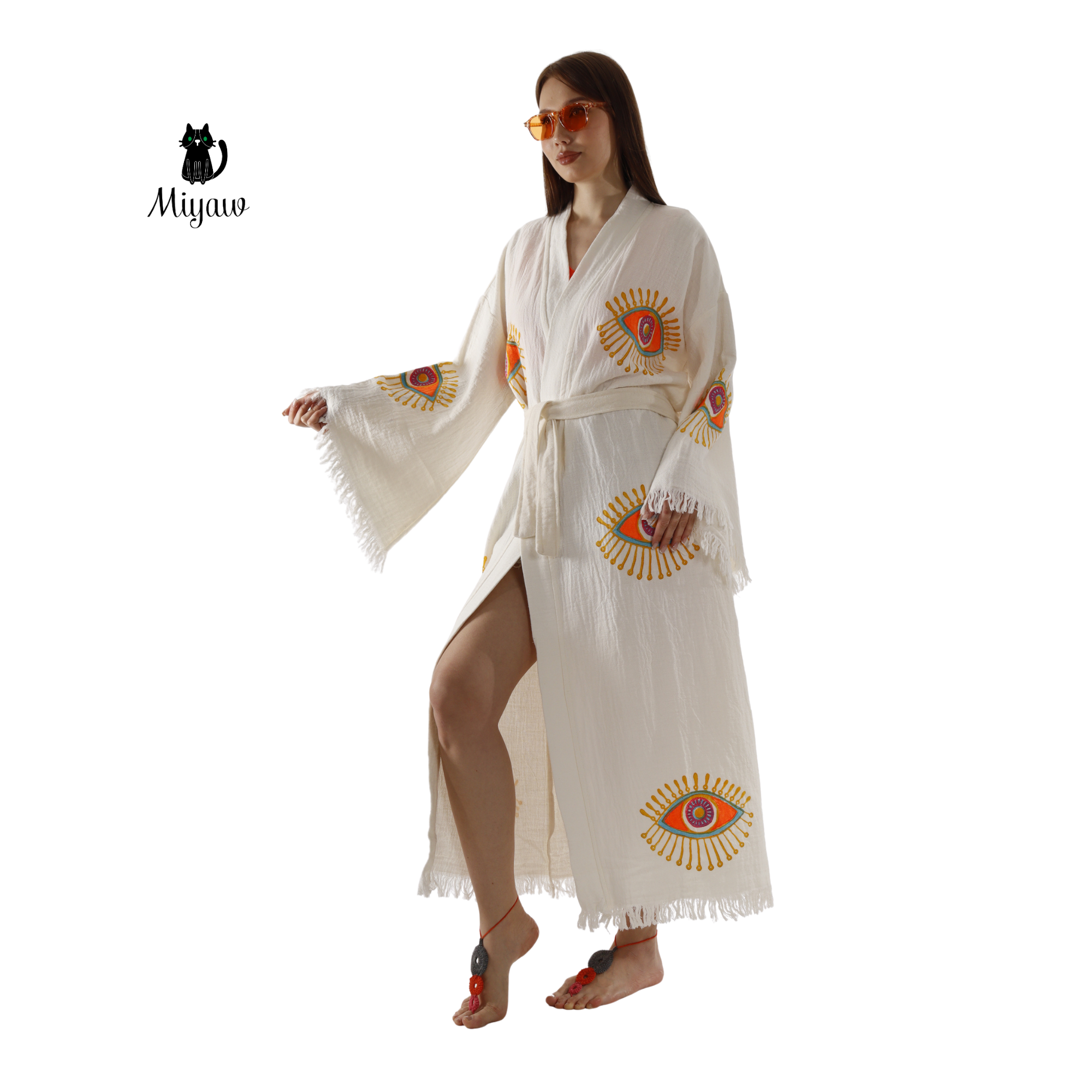 Pure & Chic, LLC - Miyawfashion - Wholesale Kimono - Women's - Wholesale Organic Cotton Duster – Neon Eye Kimono Robe3