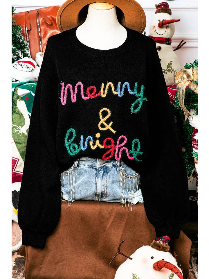 As shown Fall Colorful Merry&Bright Tinsel Graphic Christmas Sweater for wholesale on Faire
