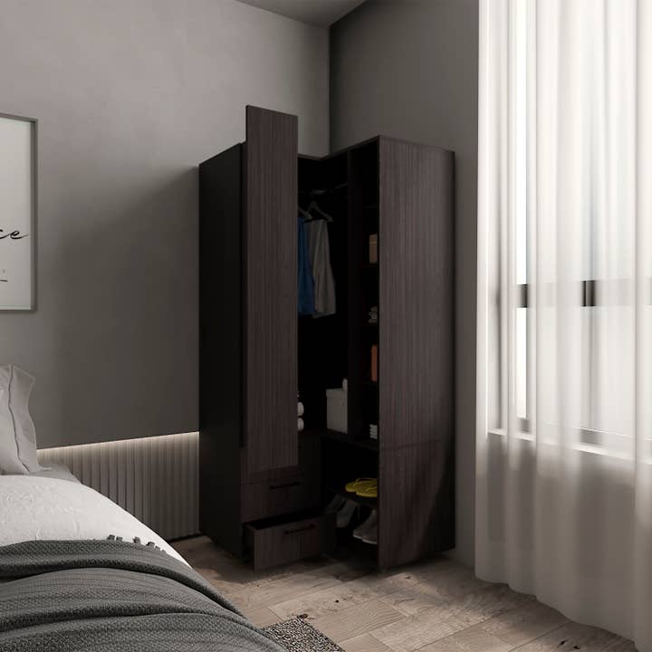 TUHOME FURNITURE - Wholesale Bedroom Furniture - Toulouse Corner Armoire With Double Doors And Interior Shelves, Space-Saving Wardrobe7
