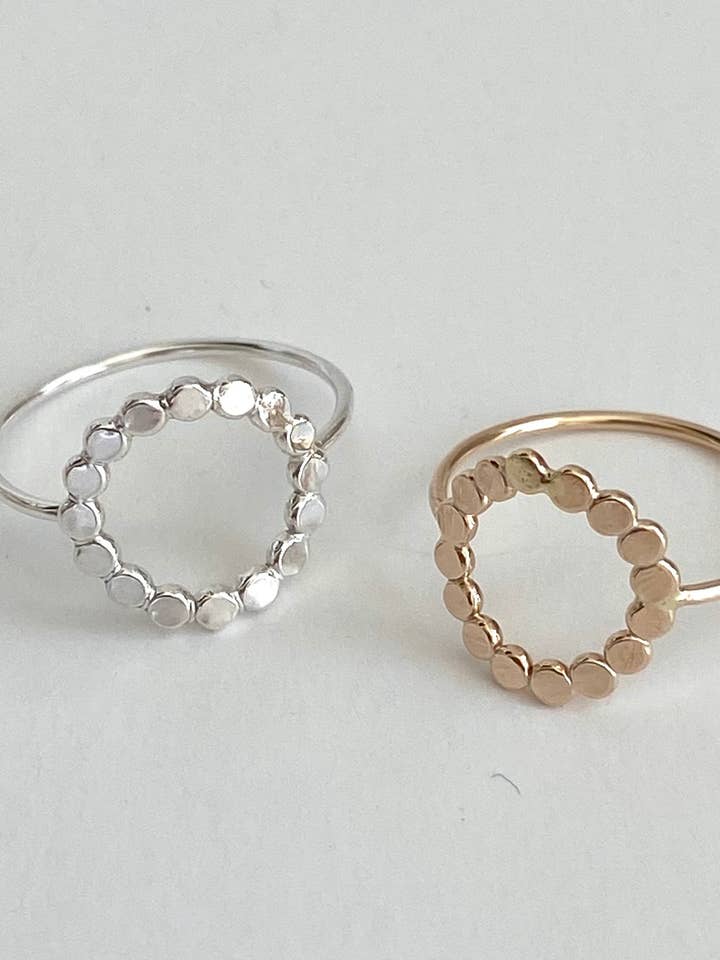 Open hammered beaded circle; flower ring; minimalist ring; for wholesale by AVA Handmade Jewelry