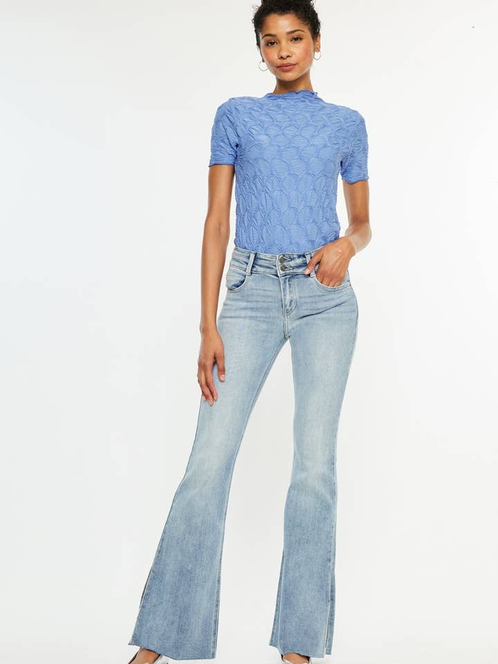 OPEN PACK MID RISE DOUBLE WAIST BAND FLARE JEANS-KC9365M for wholesale by Kan Can USA