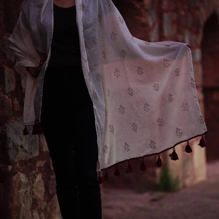 Sewing New Futures, Inc - Wholesale Scarf - Women's - Cream-Golden Woven Cotton Long Scarf1