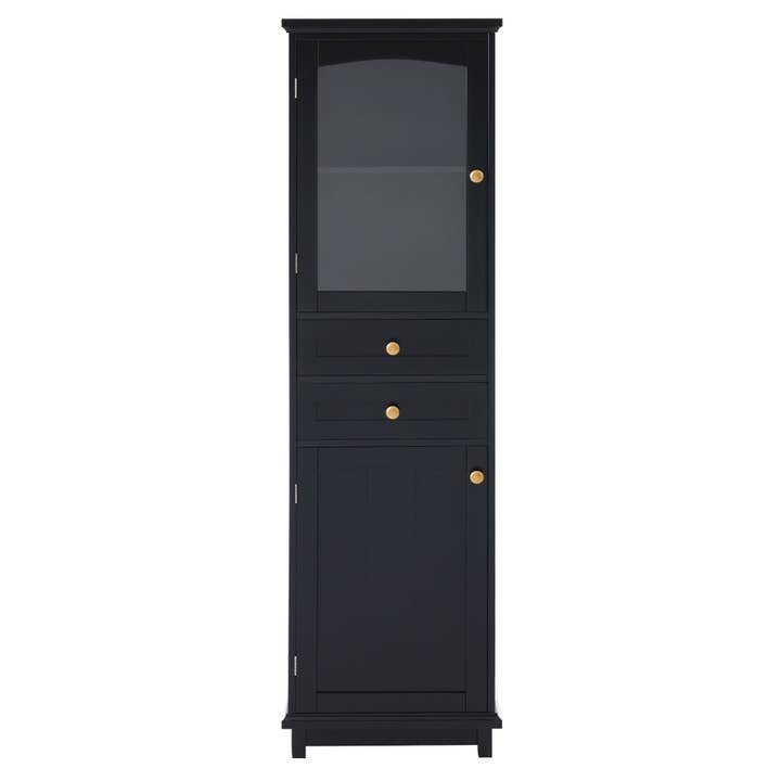 Orange County Decor - Wholesale Cabinet - 63" Tall Bathroom Storage Cabinet With Glass Doors, Free Standing, Two Drawers, And Adjustable Shelves, Mdf Board, Painted Black Perfect For Displaying Your Favorite Items 2 Black 2 4 Adjustable10