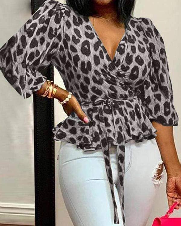 Flarix - Wholesale Blouse - Women's - print surplice neck bardot peplum belted top1