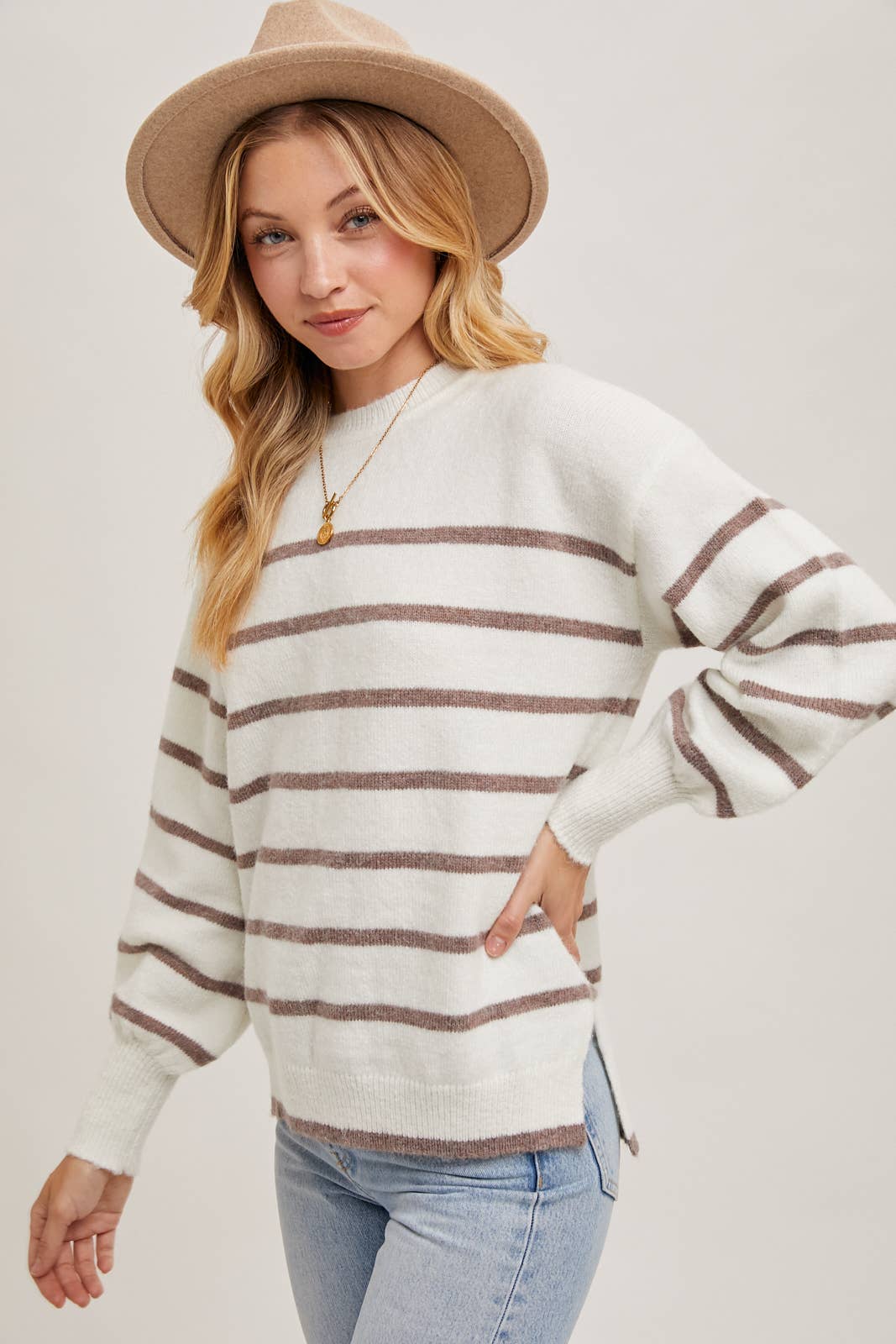Bluivy - Wholesale Knit Sweater - Women's - STRIPED SIDE SLIT KNIT SWEATER PULLOVER12