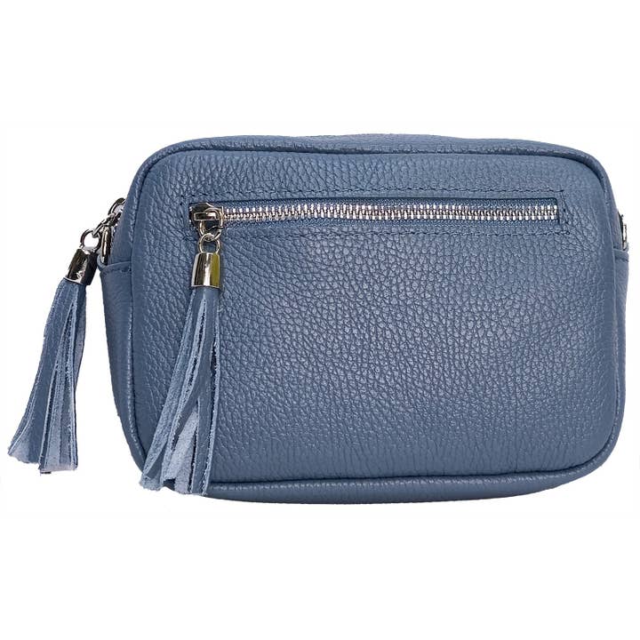 Damen-Kameratasche aus italienischem Leder, Crossbody, Staubblau für den Großhandel von Strathurie