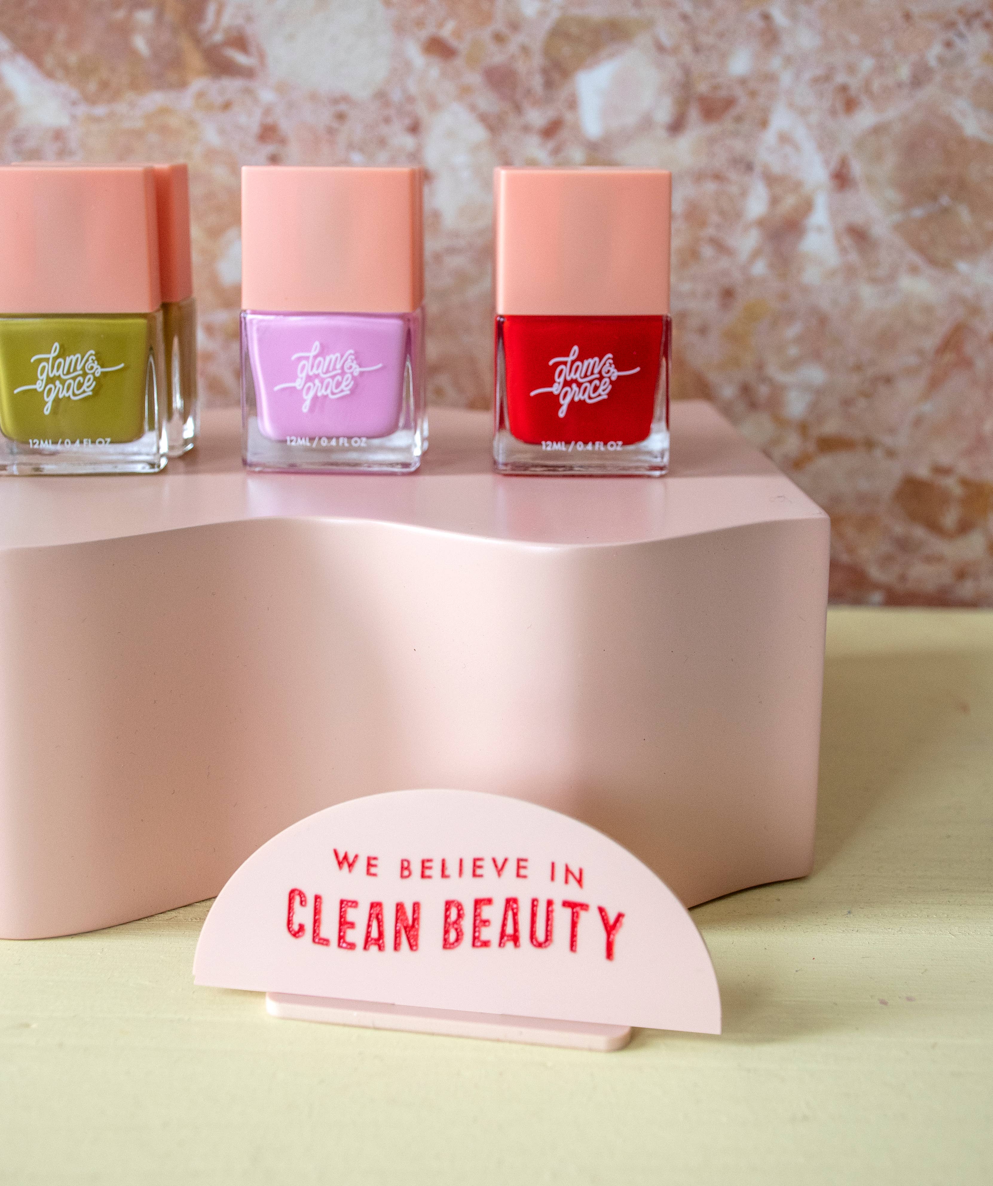 Glam & Grace - Wholesale Retailer Display - Beauty & Wellness - Display Signs - Clean Beauty Shelf Talker - Red1