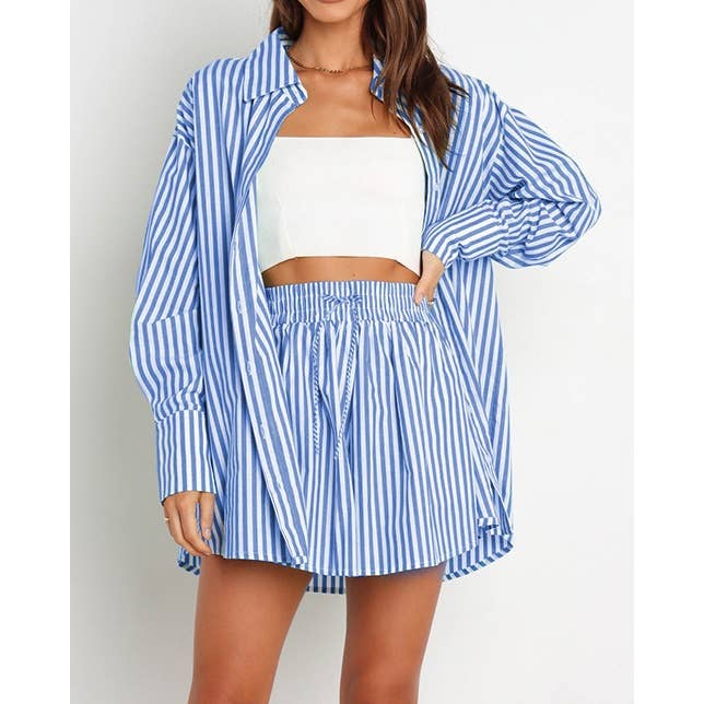 Mapcie - Wholesale Top & Pant Set (NOT Loungewear) - Women's - Striped Oversized Shirt and Drawstring Shorts Set