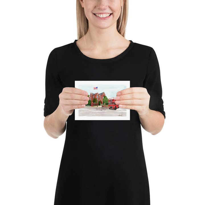 Carper Creative Co. – wholesale Art print – City Hall Double Decker Bus Oxford MS Watercolor Art Print