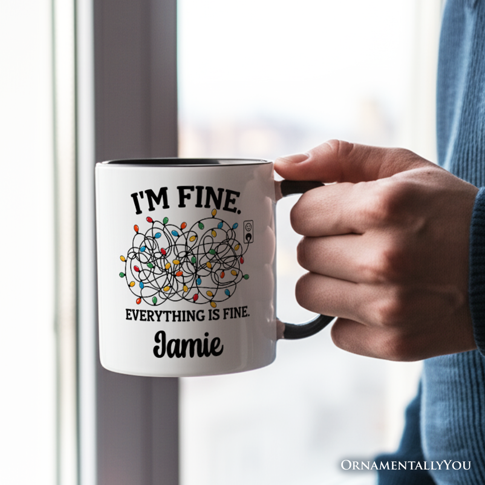 White Black Handle I’m Fine Christmas Lights Gift Mug, Funny Holiday Humor Gift for wholesale on Faire4