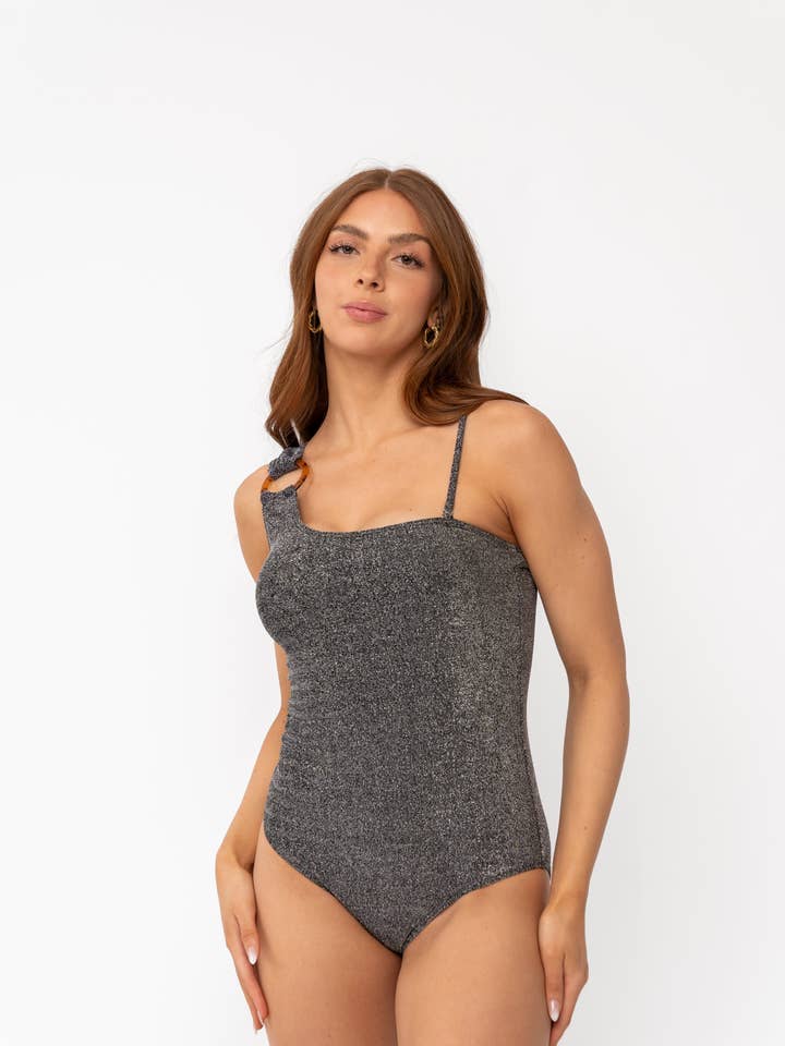 Black Shimmer One Shoulder One Piece for wholesale by Coral Reef Swim