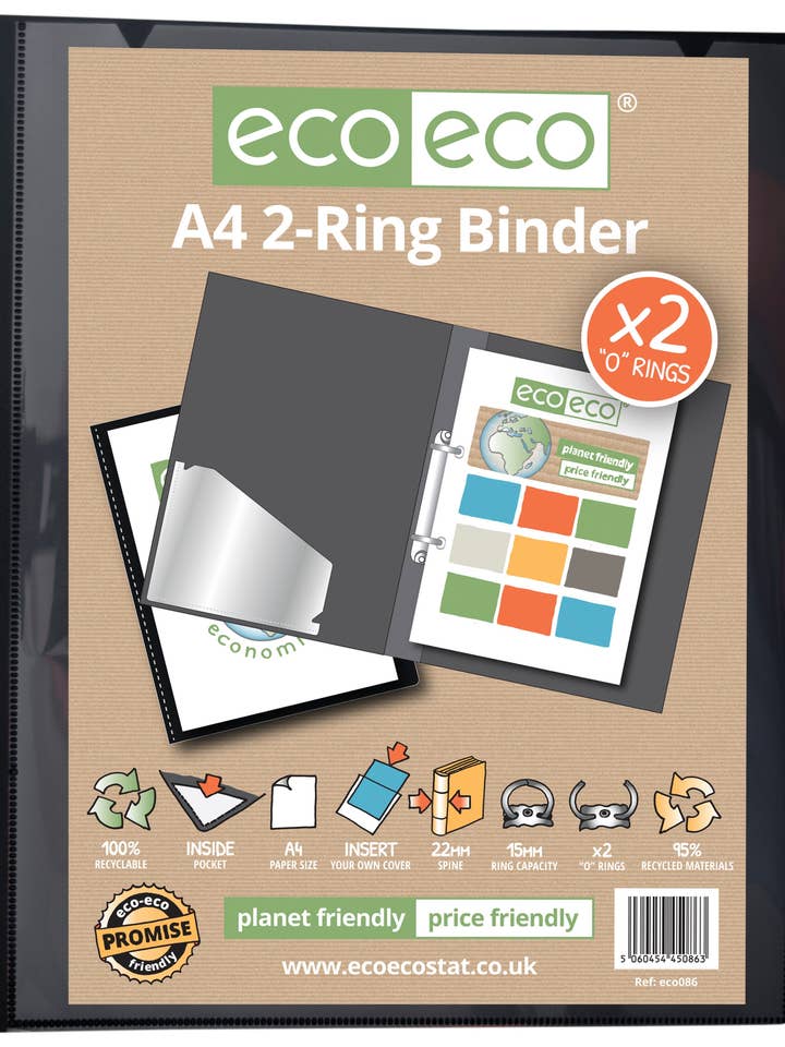 A4 95% Recycled Presentation 2 Ring Binder for wholesale by eco-eco Stationery Ltd