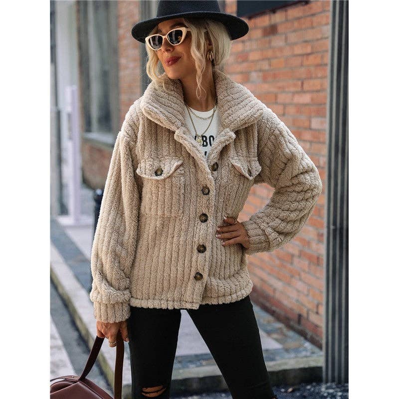 LIGHT COFFEE Double-Sided Fleece Solid Color Lapel Single Breasted Outerwear for wholesale on Faire1