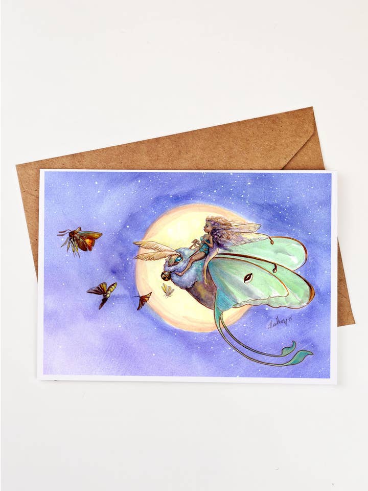 Lunar Moth Fairy Greeting Card | Blank Note Card | Celestial Fantasy Art Card for wholesale by Wings of Fantasy
