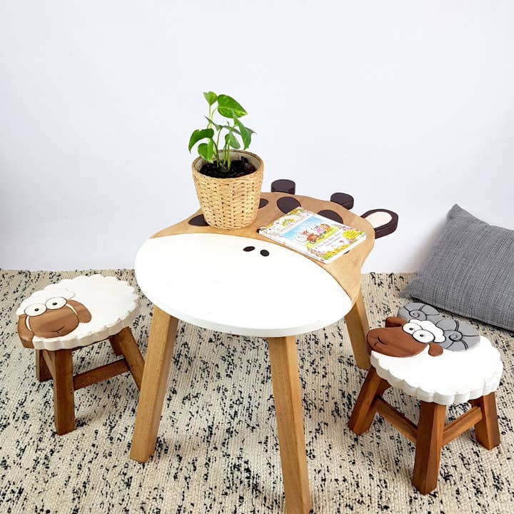 Kids Wooden Table + 2 stools Set Giraffe & Sheep themed- hand carved Timber Children Furniture for wholesale by funyards