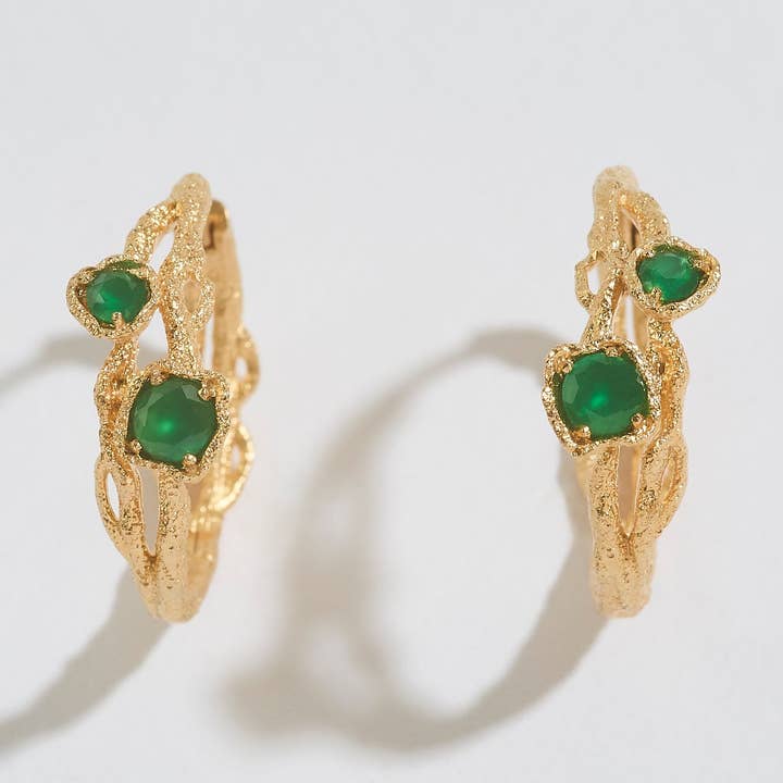Chalcedony Twisted Branch Gold Hoops for wholesale by Claire Hill Designs