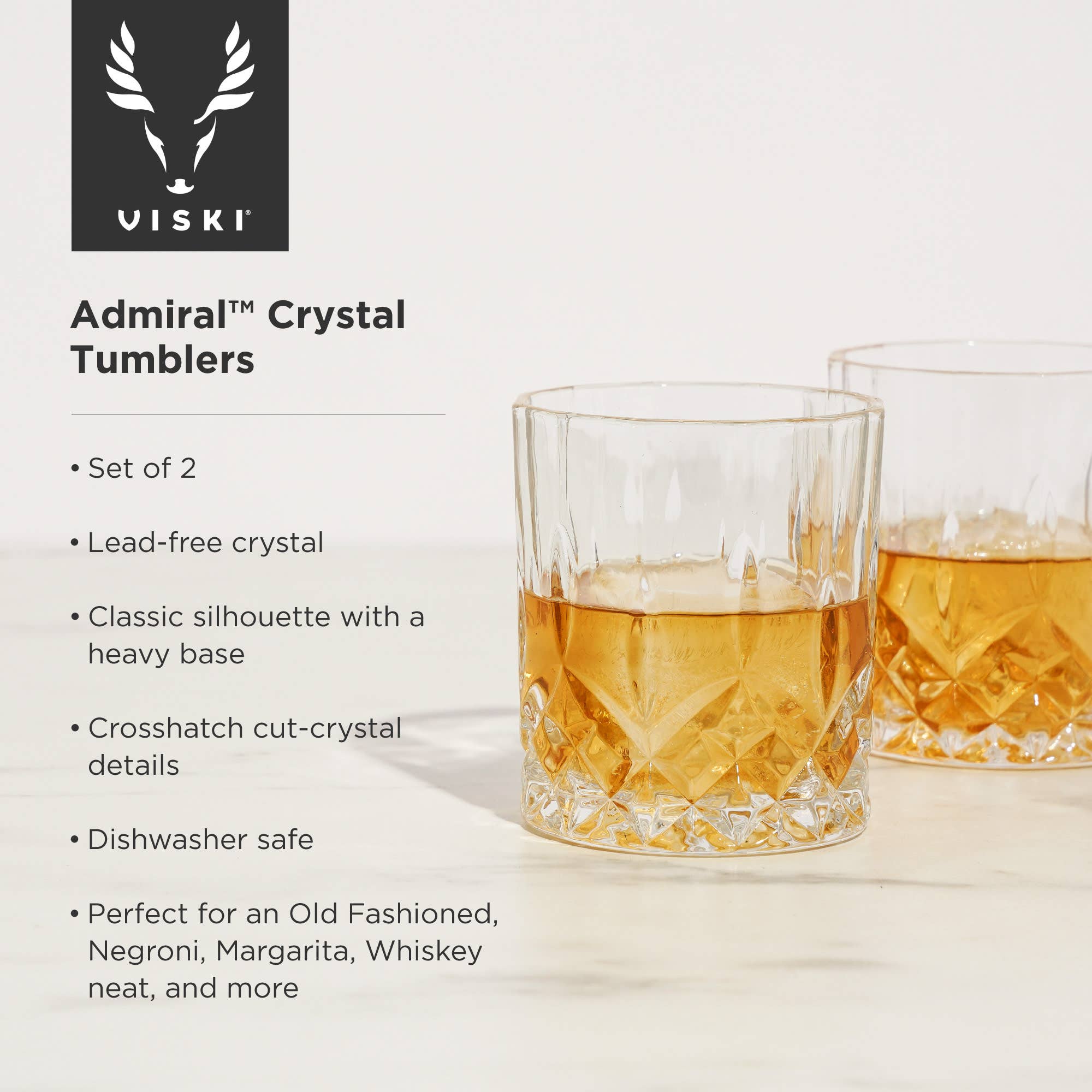 Viski - Wholesale Cocktail/Liquor Glass - Admiral™ Stemless Crystal Lowball Tumblers Set of 27