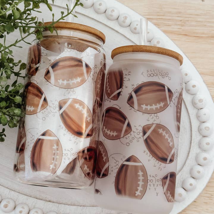 Onic Brands LLC - Wholesale Drinking Glass/Cup - Watercolor Footballs 16oz Glass Cup with Bamboo Lid2