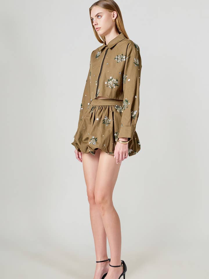 Eve paljett- och pärlbroderad lågt skuren bubbelkjol för wholesale av Endless Rose