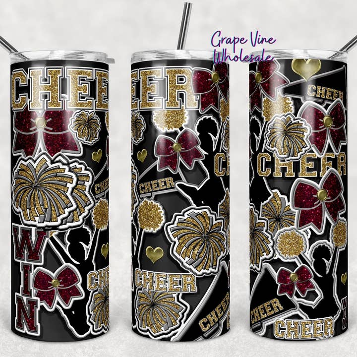 Cheer Spirit Maroon & Gold Glitter Burst 20oz Becher für den Großhandel von GrapeVineWholesale