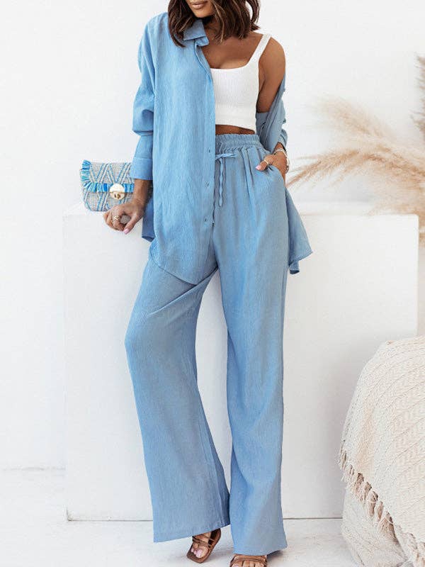 Sheer Trend – wholesale Top & pants set (NOT Loungewear) – Women's – Long Sleeves Buttoned Pockets Solid Color Lapel Shirts Top + Elasticity High Waisted Pants Bottom Two Pieces Set7