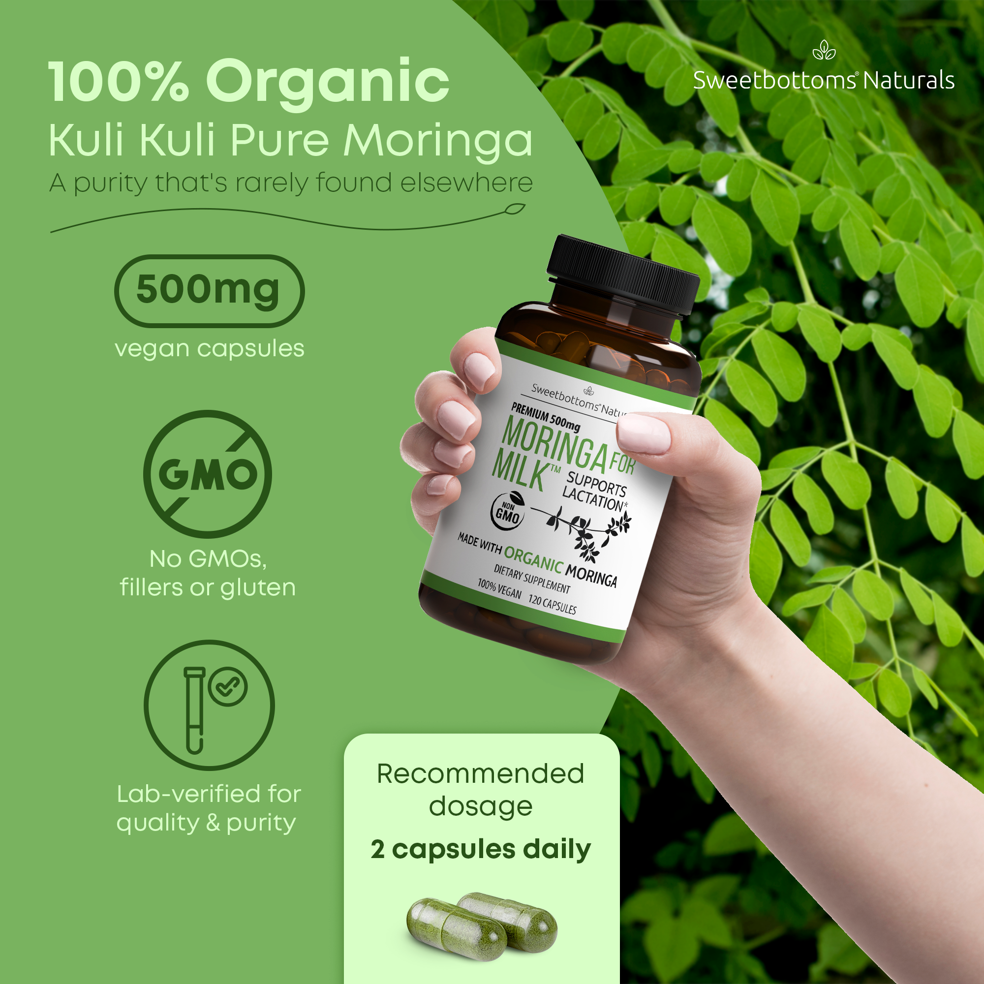 Sweetbottoms Naturals - Wholesale Oral Supplement/Vitamin - Organic Moringa for Milk Lactation Supplement - 120 Capsules1