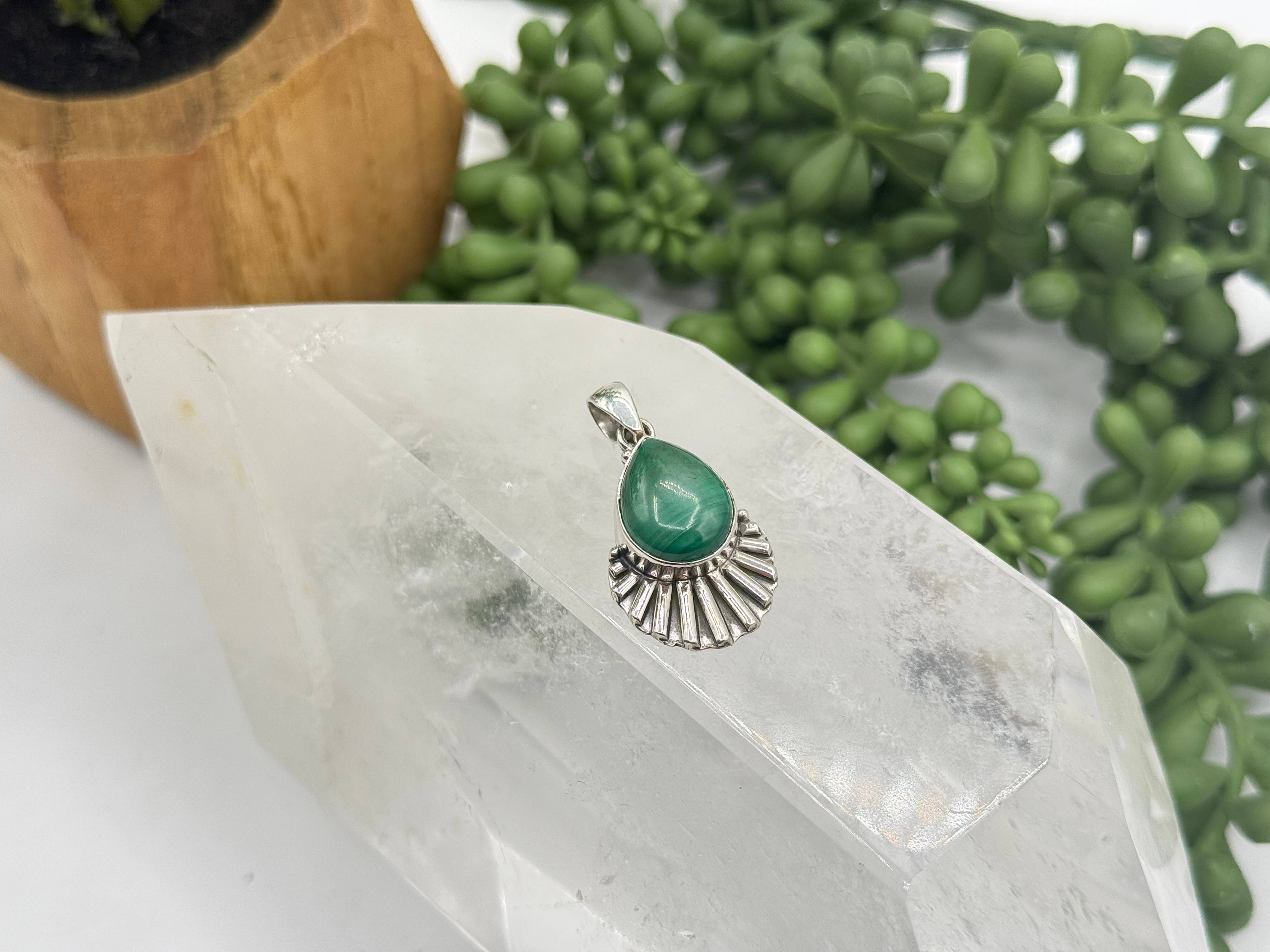 Meraki Gemstones - Wholesale Individual Charm/Pendant - Malachite Tear Drop Cabochon Gem Pendant Sterling Silver/9253