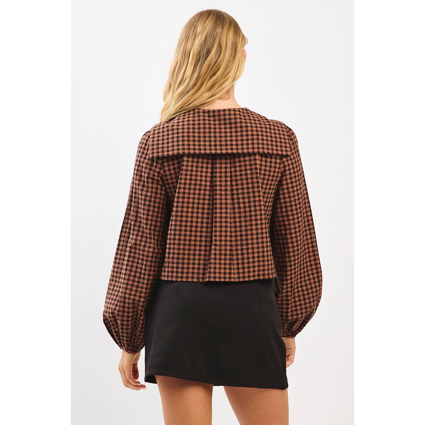 mittoshop - Wholesale Knit Top - Women's - CHECKERED TIE FRONT BIB COLLAR LONG SLEEVE TOP2