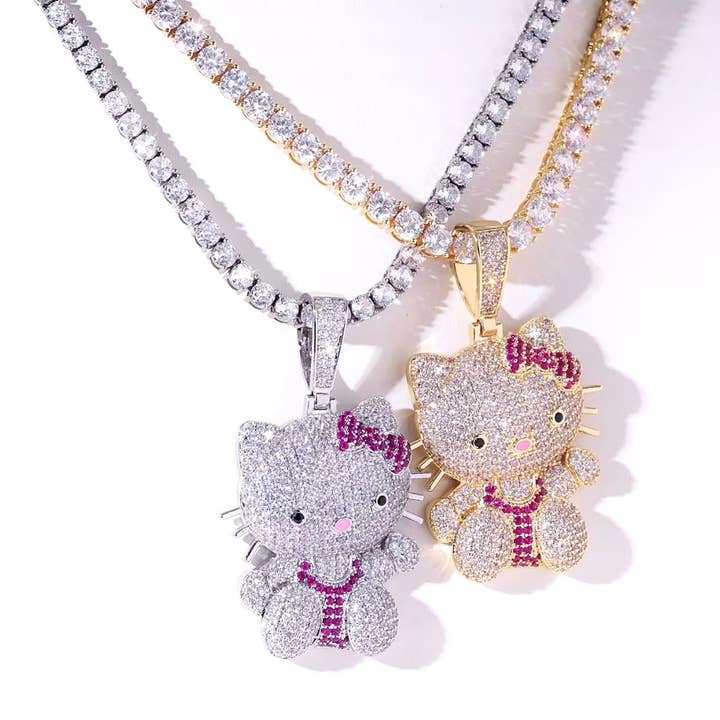 Silver Or Gold Multi Colored CZ Full Body Bling Kitty Pendant + Hiphop Tennis Necklace for wholesale by Facetreasures Boutique