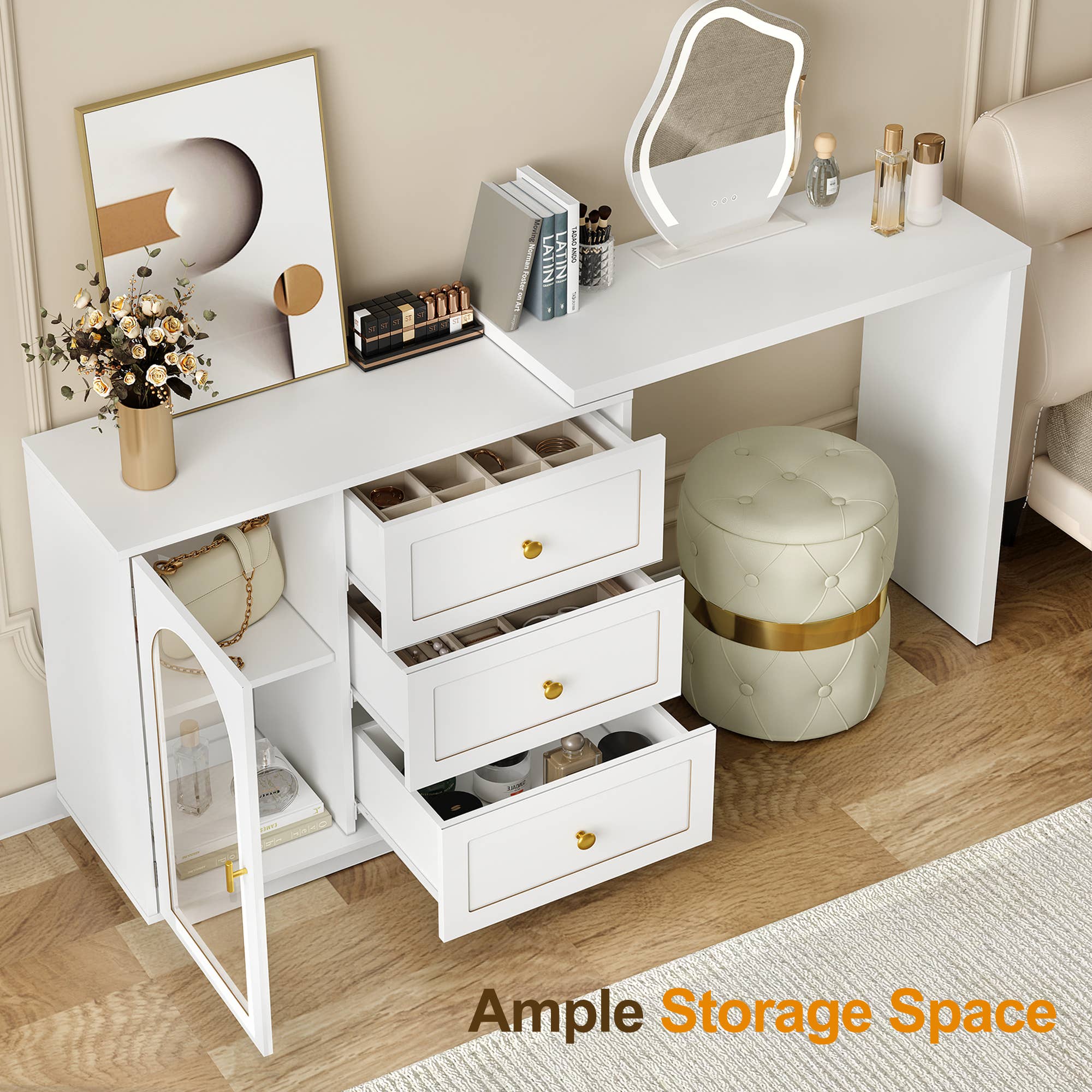 Heynemo - Wholesale Bedroom Furniture - 59” Large Extendable Makeup Vanity Desk, Corner Vanity Table6