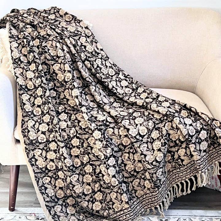 Vintage black floral throw blanket couch Fall home deco for wholesale by Sunny Dzyns