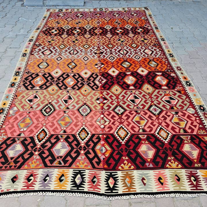 Handmade Vintage Turkish Kilim Rug: Large Bohemian Area Carpet (6.50x11.60 Feet) for wholesale by MesopotamiaRugs